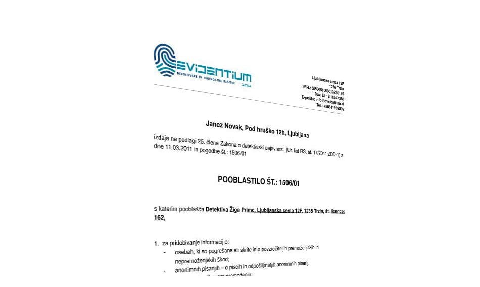 DETEKTIVSKE STORITVE EVIDENTIUM, TRZIN